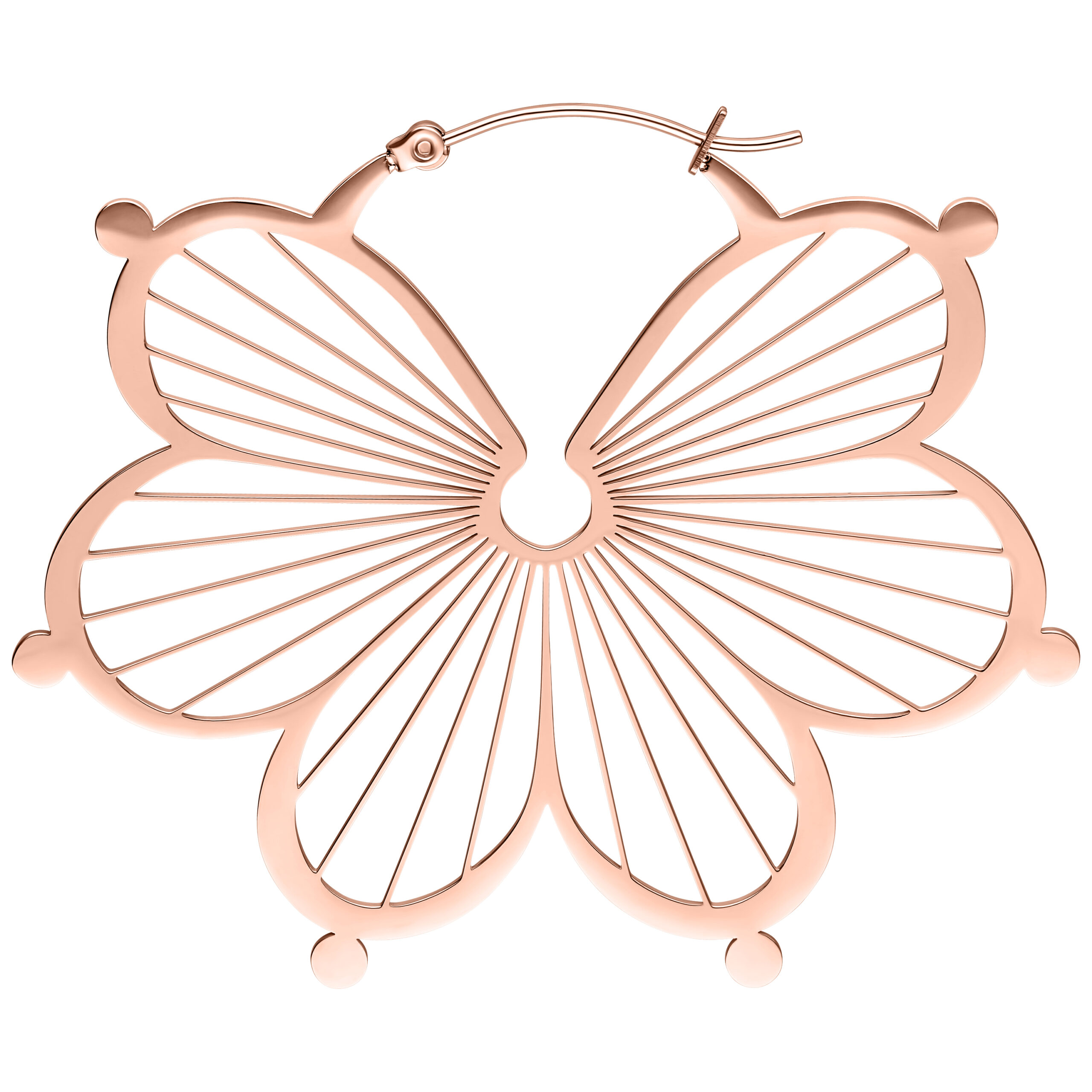 Roségold Flower Hoops Ohrringe Set Roségoldene Flower Hoops Ohrringe auf weißem Hintergrund