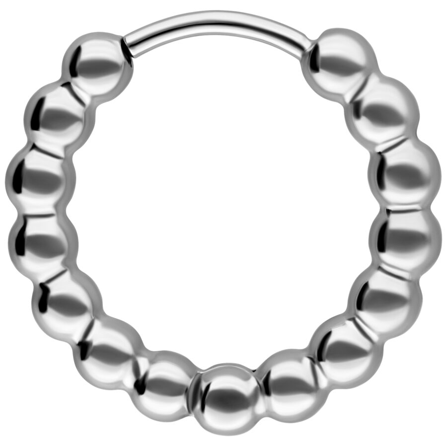 Aro Bubble plateado de acero inoxidable pulido frente a un fondo blanco