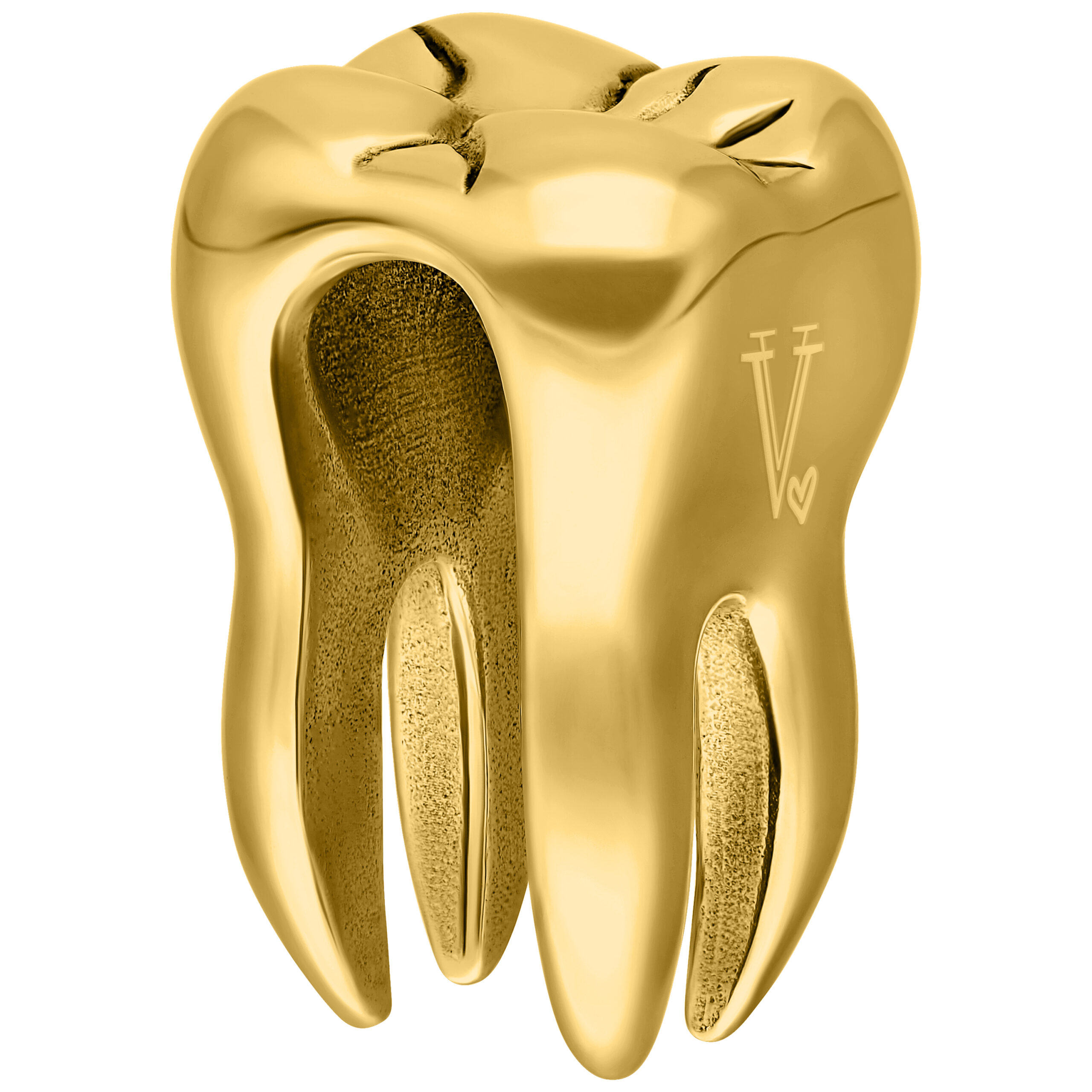 Peso para oreja dorado en forma de diente sobre fondo blanco
