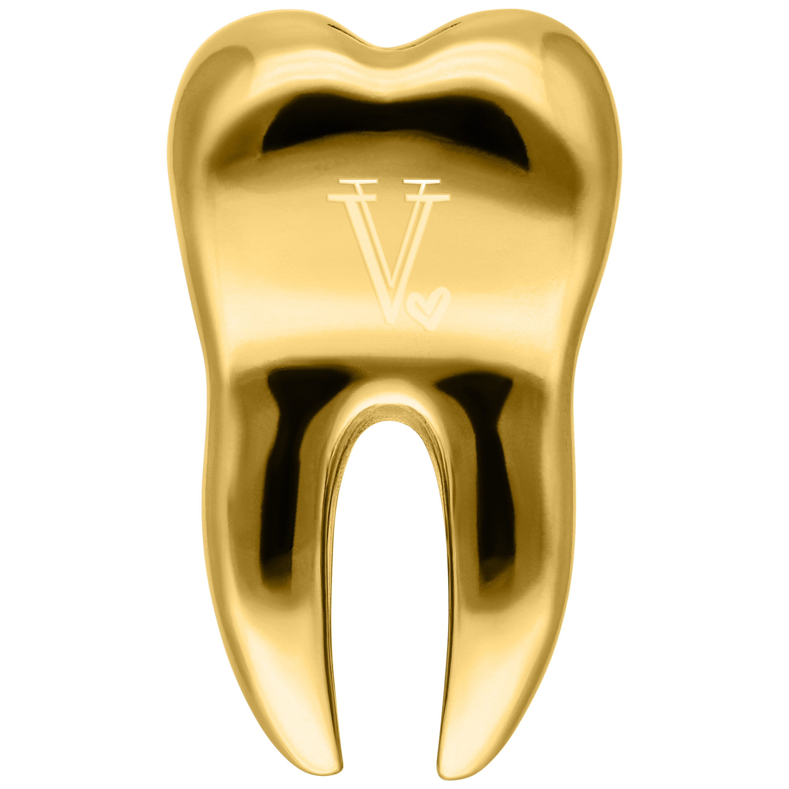 Peso para oreja dorado en forma de diente con logo de Verena Venus sobre fondo blanco