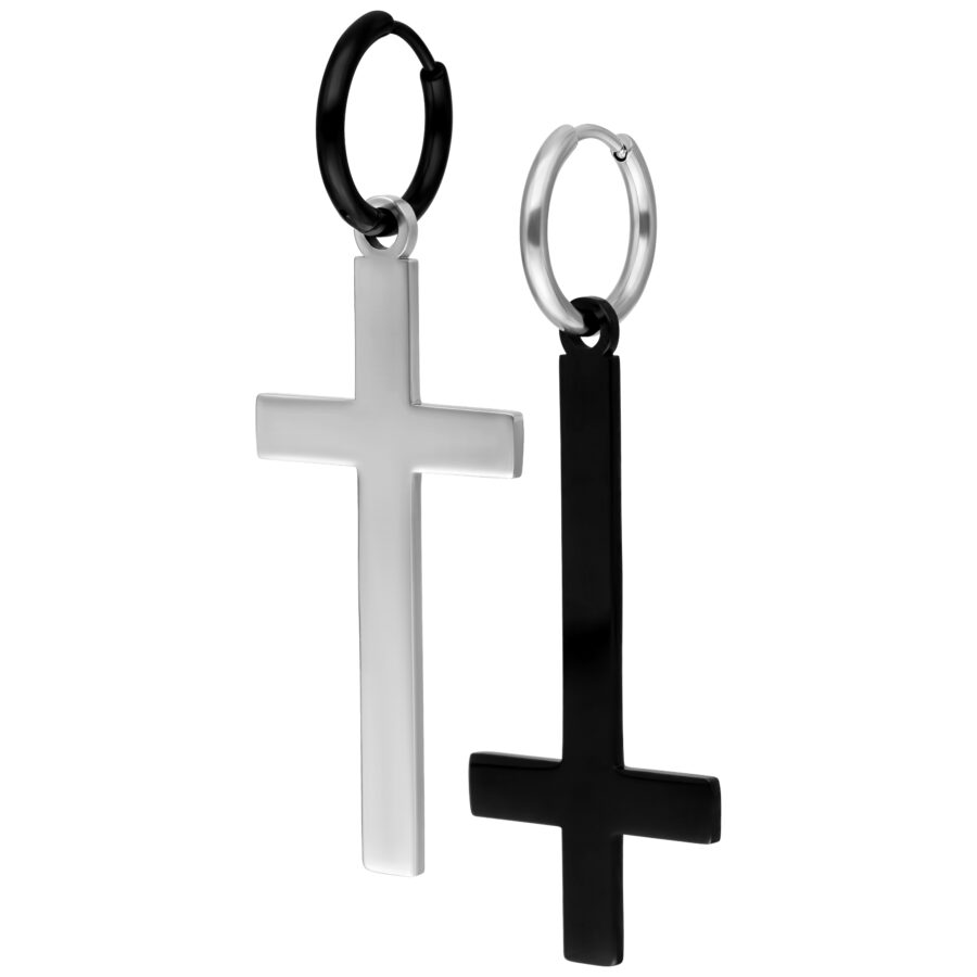 Dos Verena Venus Cross Hoops de acero quirúrgico, oro y negro, sobre fondo blanco