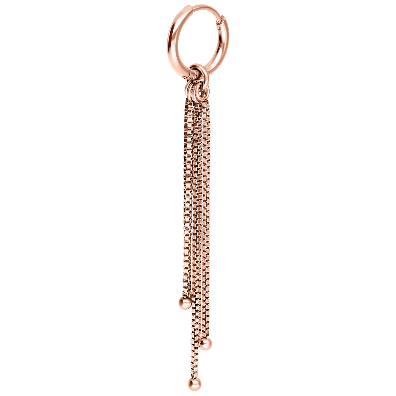 Roségoldene Creolen mit venezianischen Kettchen vor weißem Hintergrund