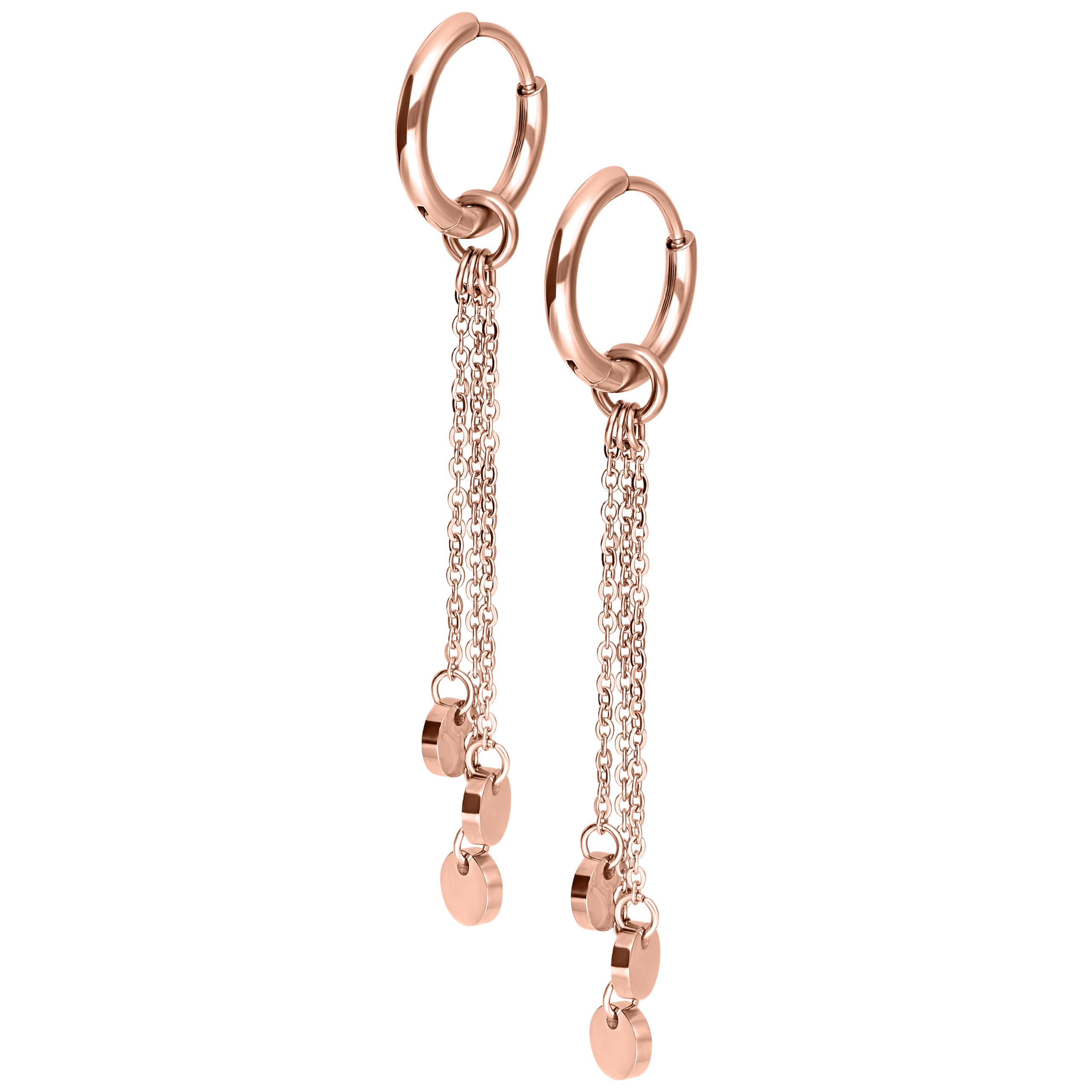 Roségoldene Little Plate Hoops Ohrringe Paar Paar roségoldene Ohrringe mit Kettendetails auf weißem Hintergrund