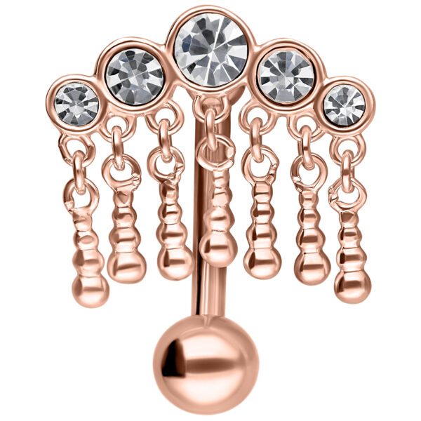 Micro Bananabell de oro rosa con cinco cristales colgantes sobre fondo blanco