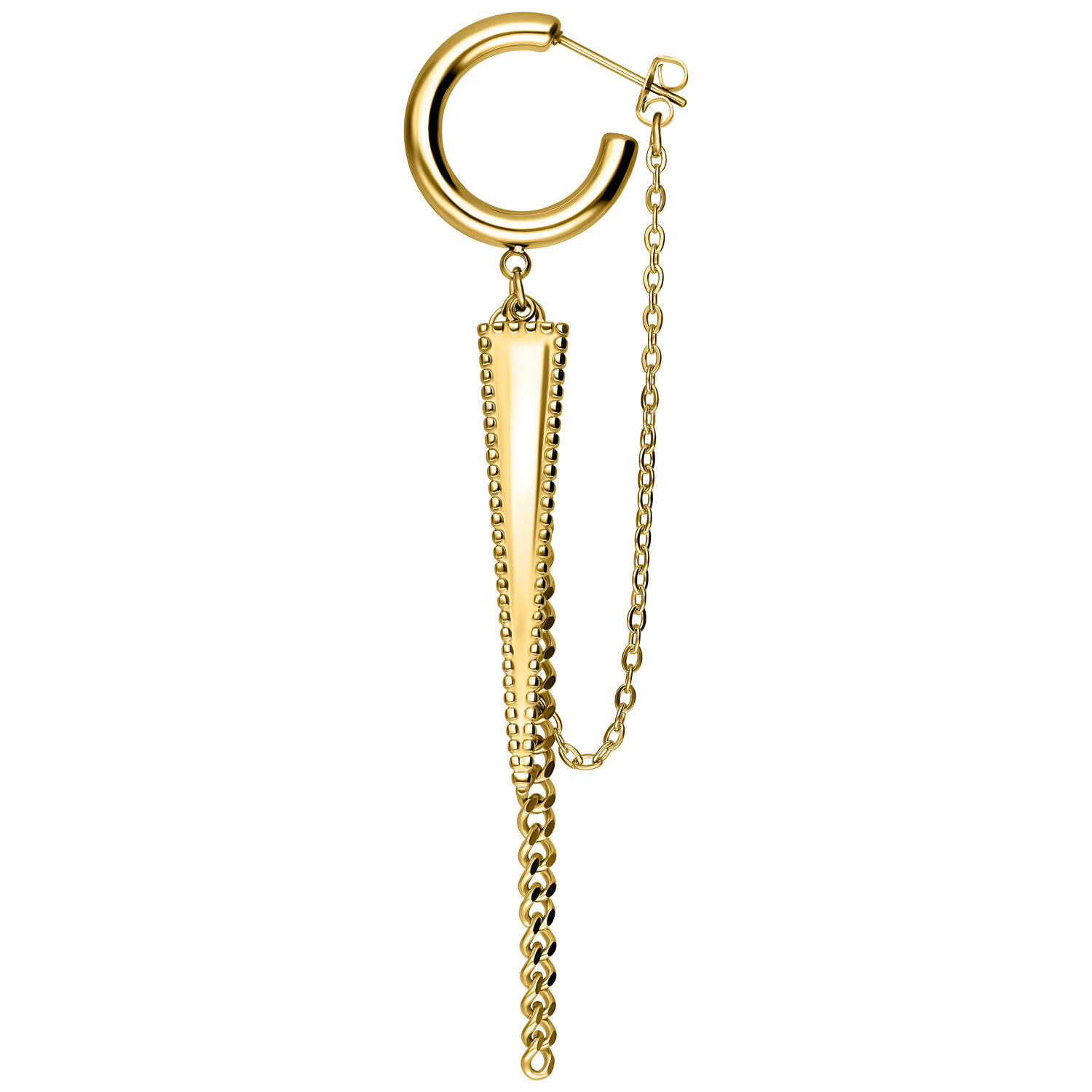 Pendientes dorados con colgante triangular y cadena sobre fondo blanco
