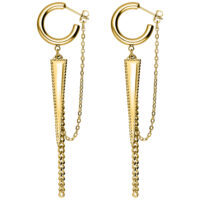 Pendientes dorados con diseño de triángulo y cadenas sobre fondo blanco