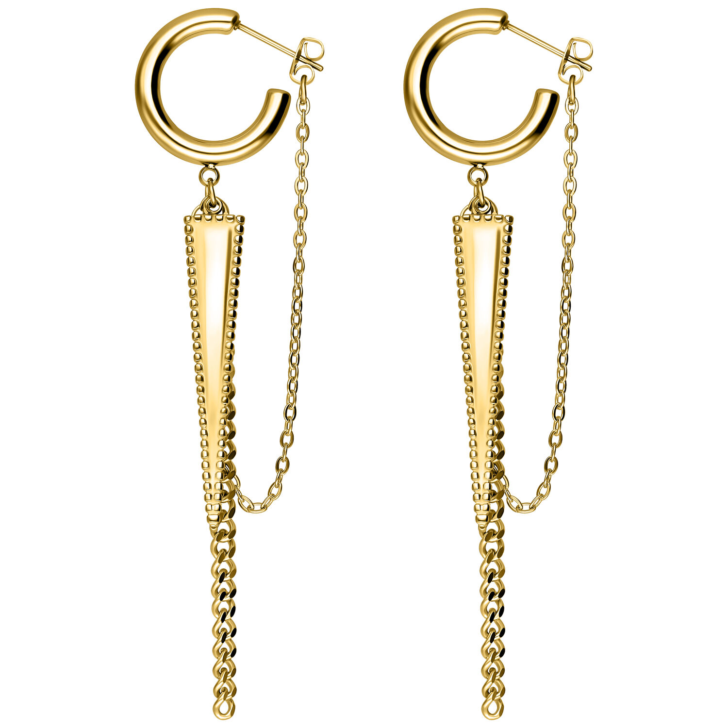 Pendientes dorados con diseño de triángulo y cadenas sobre fondo blanco