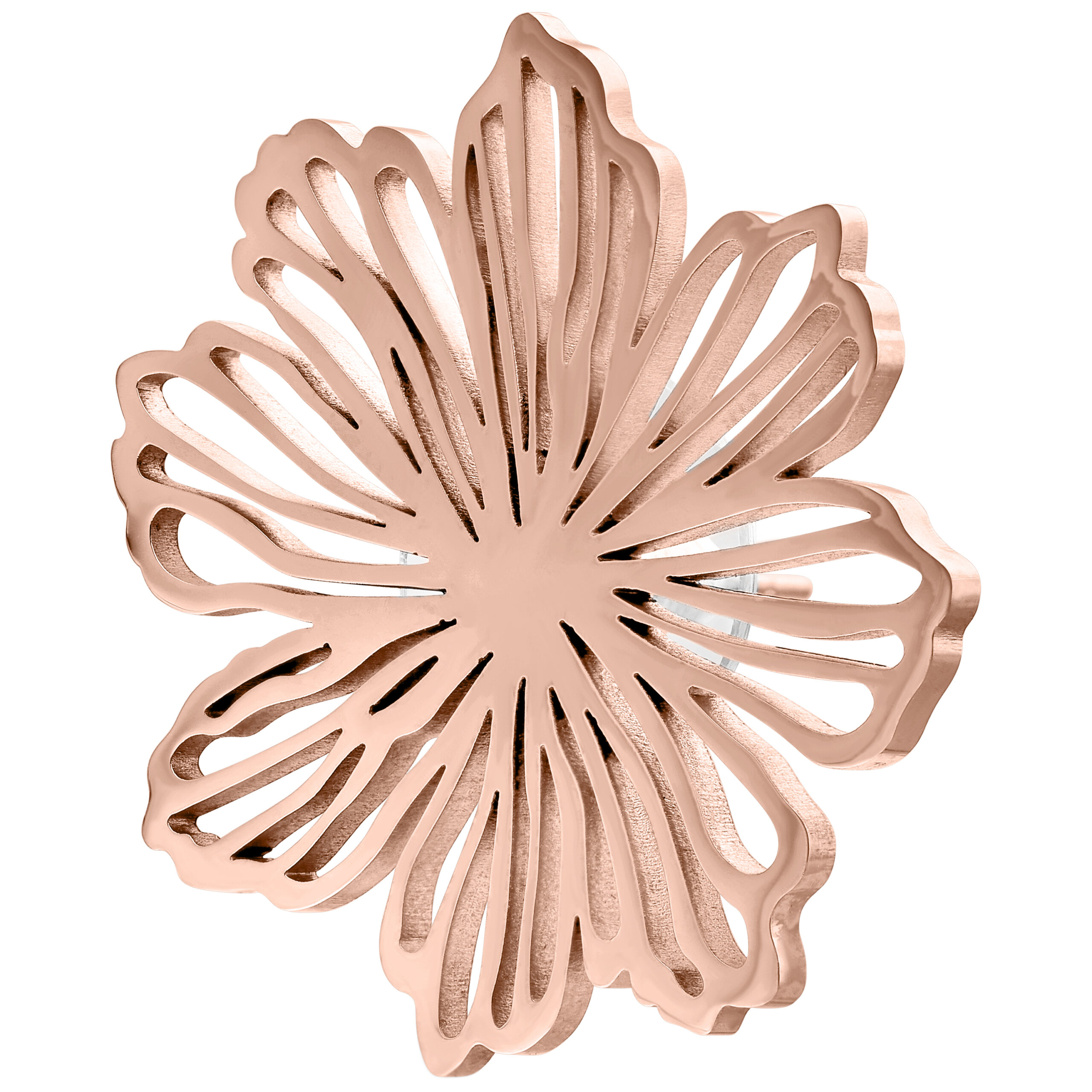 Roségoldene Blumen-Ohrringe aus hochglanzpoliertem Chirurgenstahl auf weißem Hintergrund