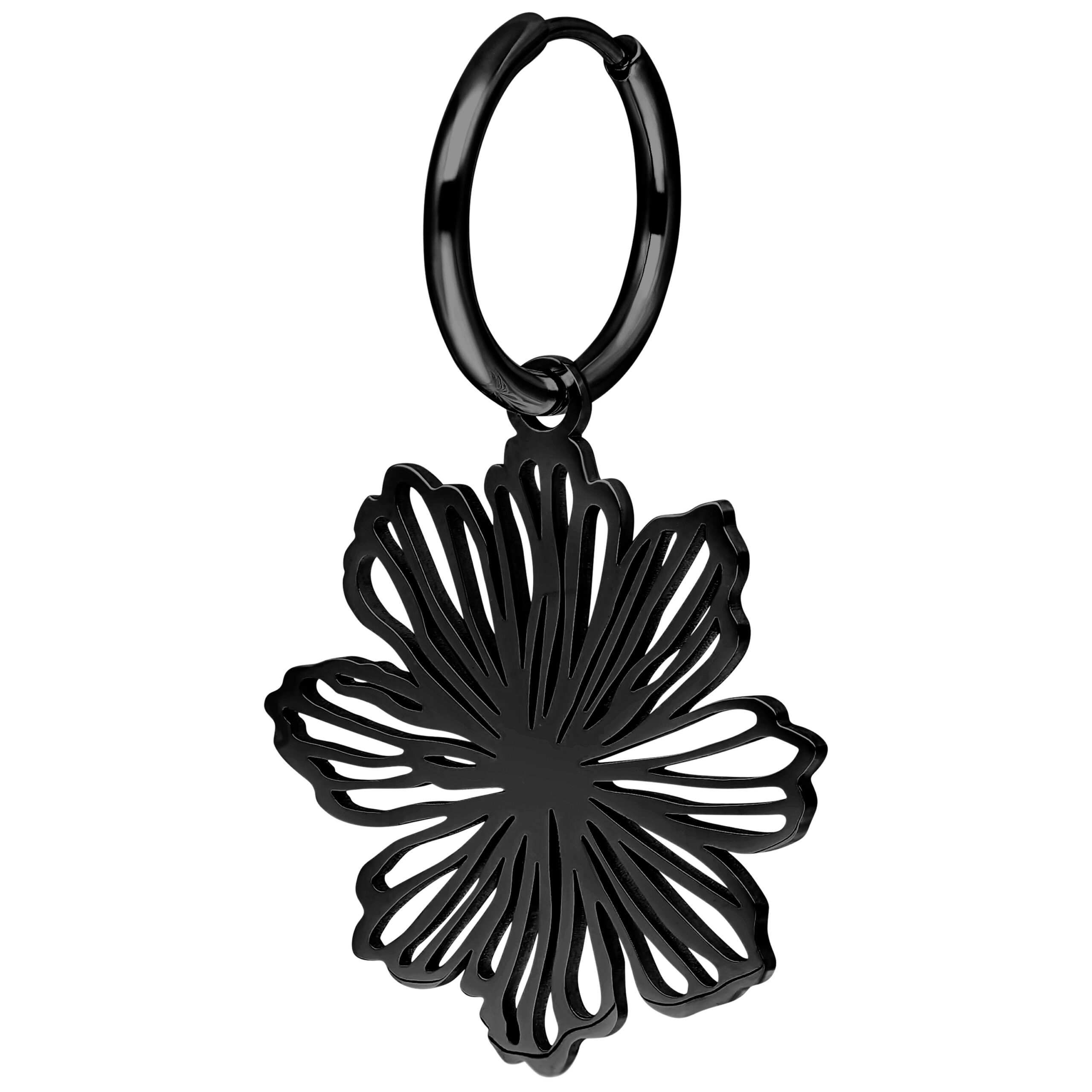 Aro negro en forma de flor, brillante, sobre fondo blanco