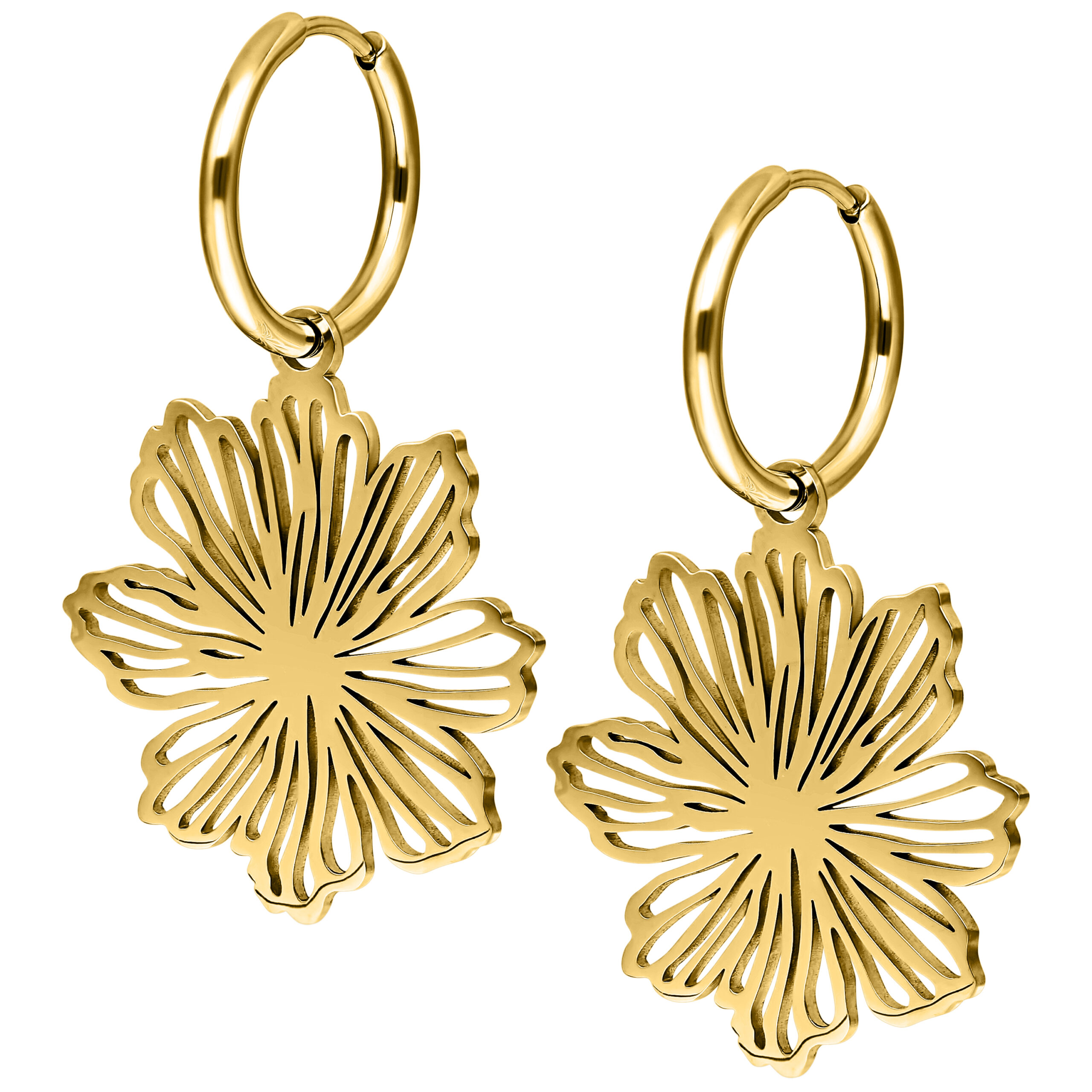 Aros Dorados Fine Flower de Metal Dos aros dorados en forma de flor sobre fondo blanco