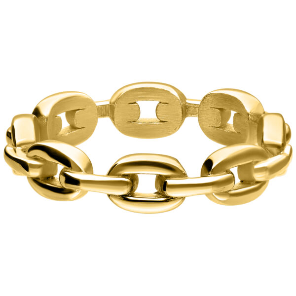 Anillo de cadena dorado de acero quirúrgico, tamaño 17,0 mm, sobre fondo blanco