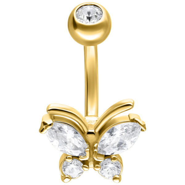 Piercing de ombligo dorado en forma de mariposa con cristales claros sobre fondo blanco
