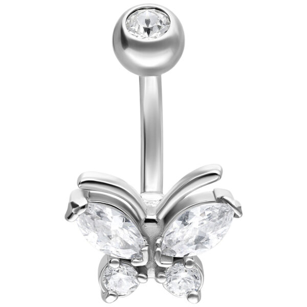 Piercing de ombligo plateado con mariposa y cristales claros sobre fondo blanco