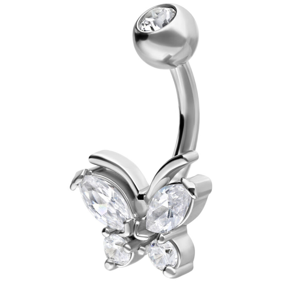 Piercing de ombligo plateado con mariposa y cristales claros