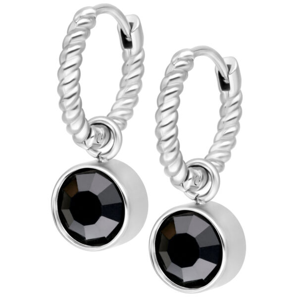Little Twisted Hoops plateados con cristales negros sobre fondo blanco