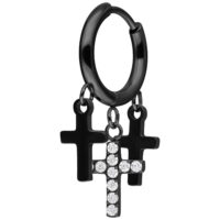 Kleine Kreuz Creolen Schwarz glänzend Schwarze Creole mit drei hängenden Kreuzen, eines mit Kristallen besetzt, auf weißem Hintergrund