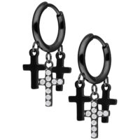 Schwarze Hängende Kreuz-Ohrringe aus Chirurgenstahl Schwarze Creolen mit hängenden Kreuzen, verziert mit klaren Kristallen, auf weißem Hintergrund
