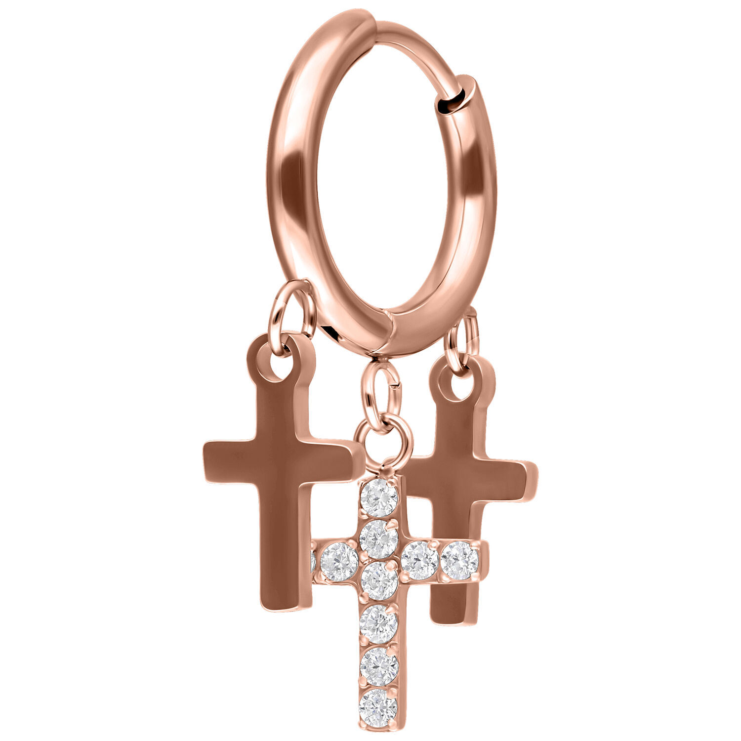Kreolen mit kleinen Kreuzanhängern Roségold Ohrring Roségold mit drei kleinen Kreuzanhängern, einer mit Kristallen