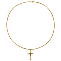 Collar dorado con colgante de cruz sobre fondo blanco