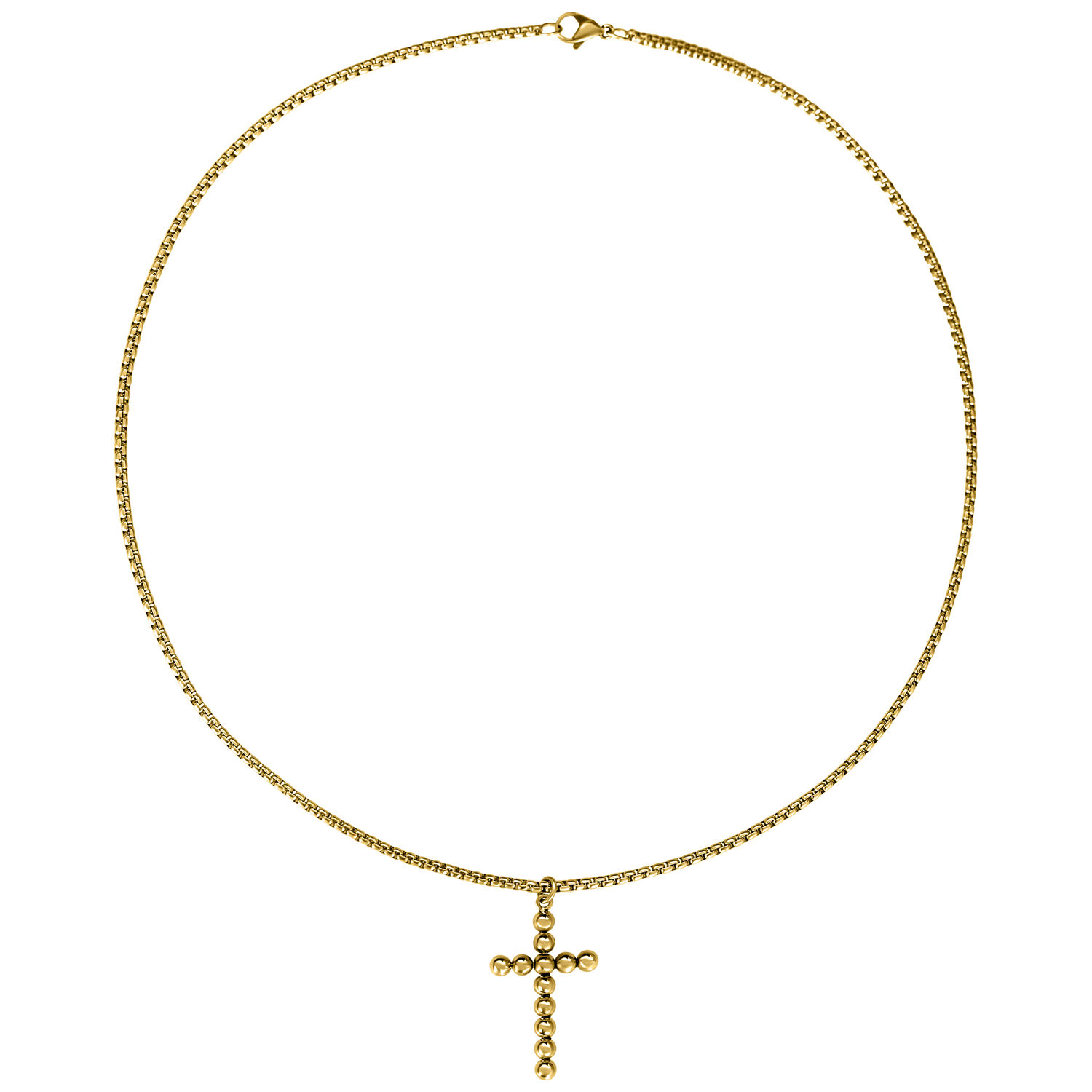 Collar dorado con colgante de cruz sobre fondo blanco