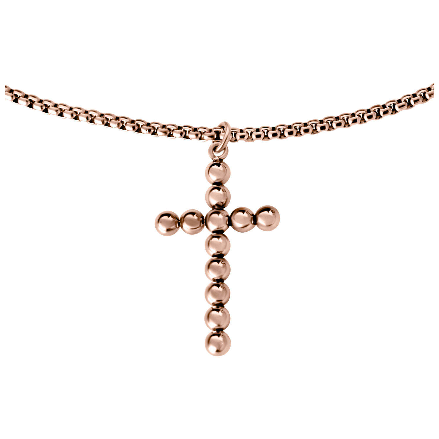 Roségoldene Halskette mit kreuzförmigem Anhänger aus Perlen auf weißem Hintergrund