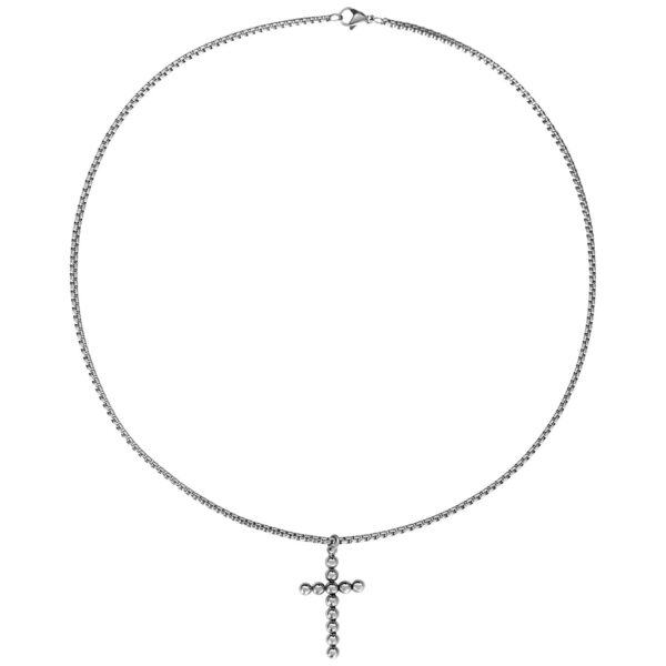 Collar Bubble Cross de acero quirúrgico plateado sobre fondo blanco