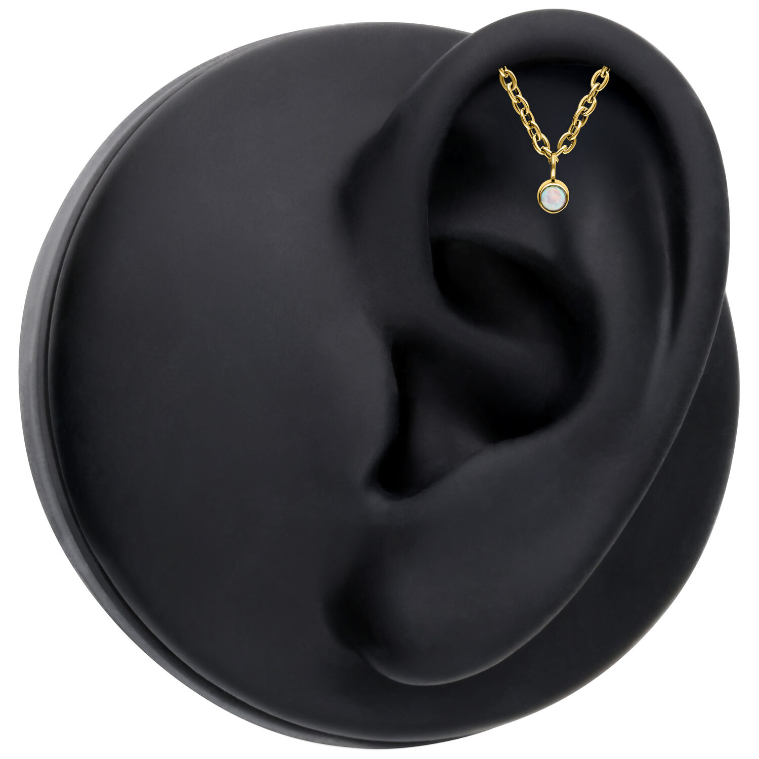 Aro Helix de Oro con Ópalo para Piercing de Oreja Aro Helix dorado con ópalo sintético en modelo de oreja negra