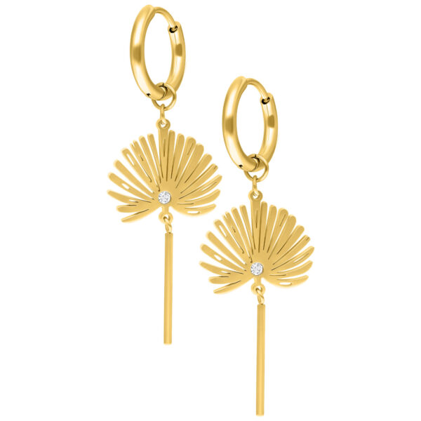 Dos aros dorados con colgante en forma de abanico y cristal claro sobre fondo blanco