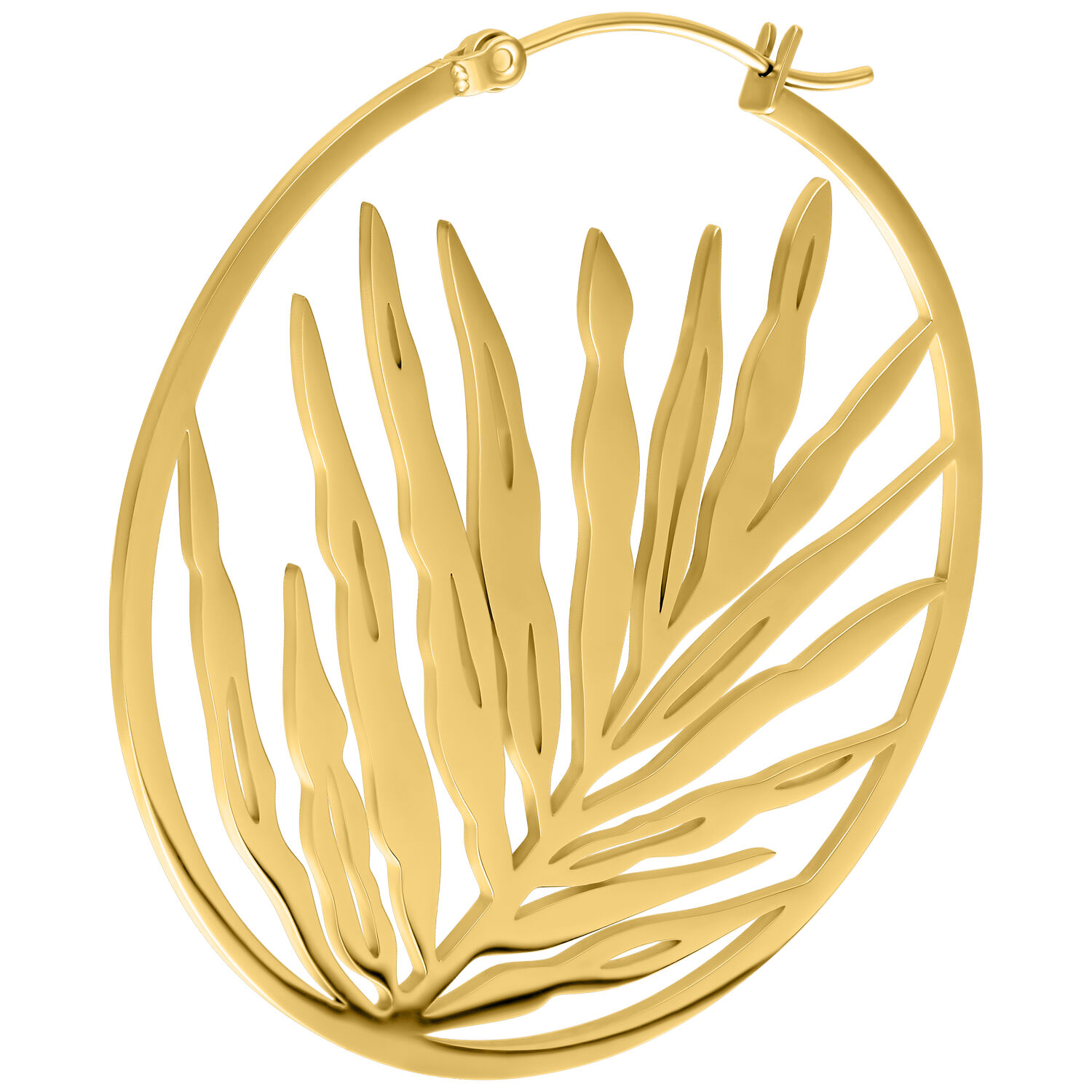 Noble Leaf Hoops par en oro Pendientes dorados en forma de hoja con cierre de clip sobre fondo blanco