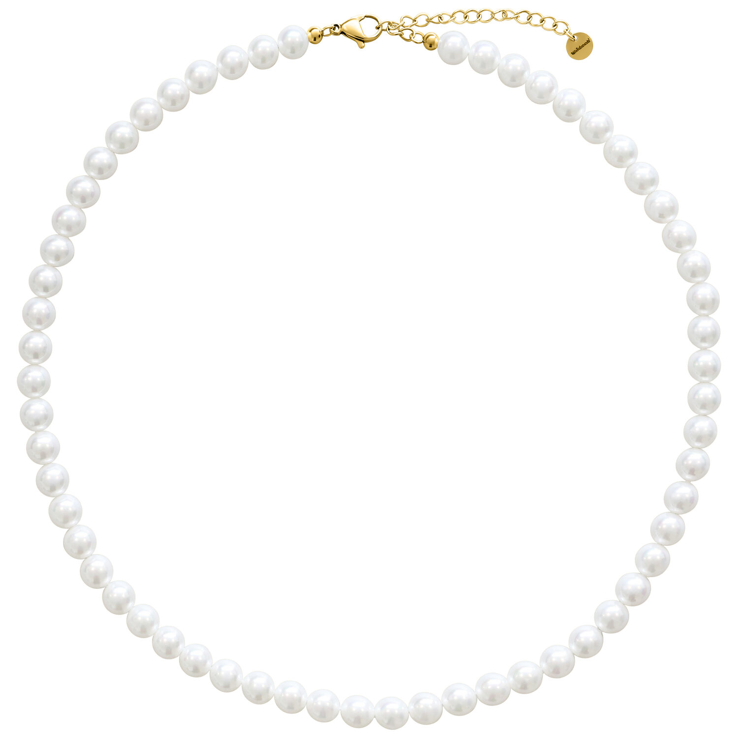 Collar de grandes perlas sintéticas con cierre dorado sobre fondo blanco
