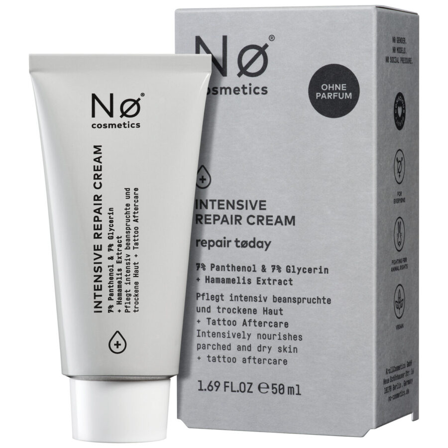 Tubo gris de la No Cosmetics Crema Reparadora Intensiva junto a su caja gris