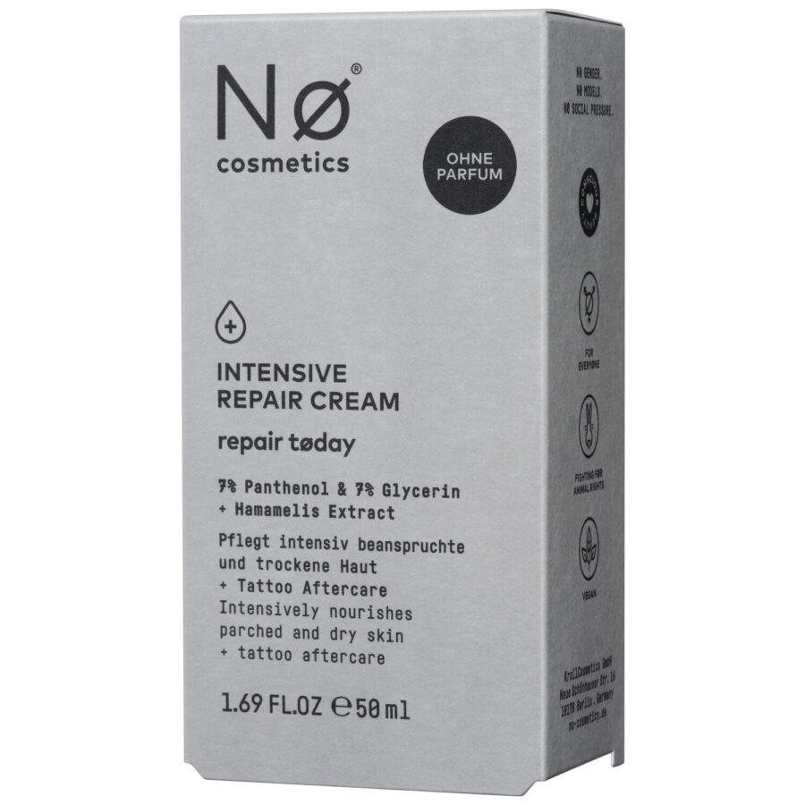 Caja gris de la Nø Cosmetics Crema Reparadora Intensiva 50ml con detalles de texto