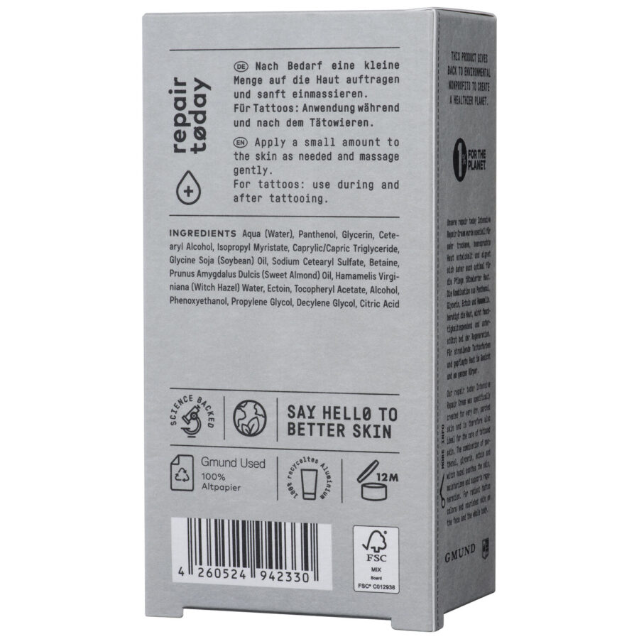Empaque gris de la No Cosmetics Intensiv Repair Cream con texto y símbolos