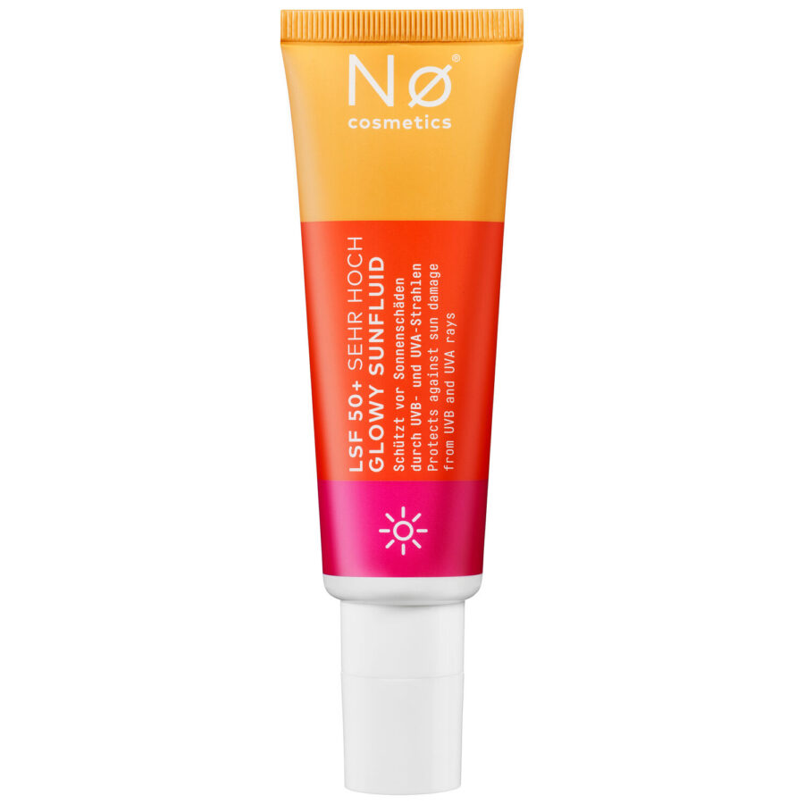 Tubo rosa y naranja de No Cosmetics Glowy Sunfluid sobre fondo blanco