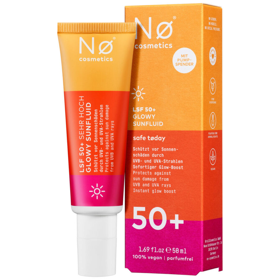 Nø Cosmetics Glowy Sunfluid SPF50 en tubo naranja-rosa con empaque