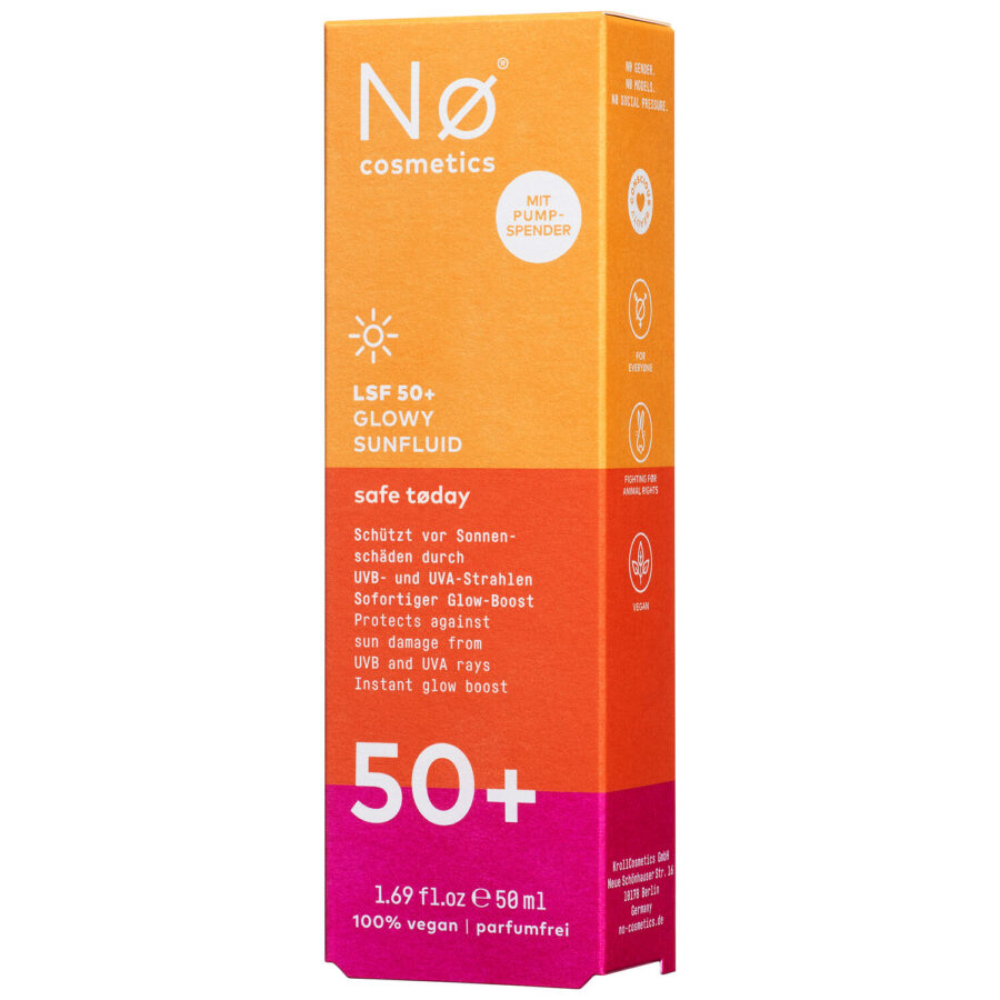 Envase naranja y rosa de No Cosmetics Glowy Sunfluid SPF50 sobre fondo blanco