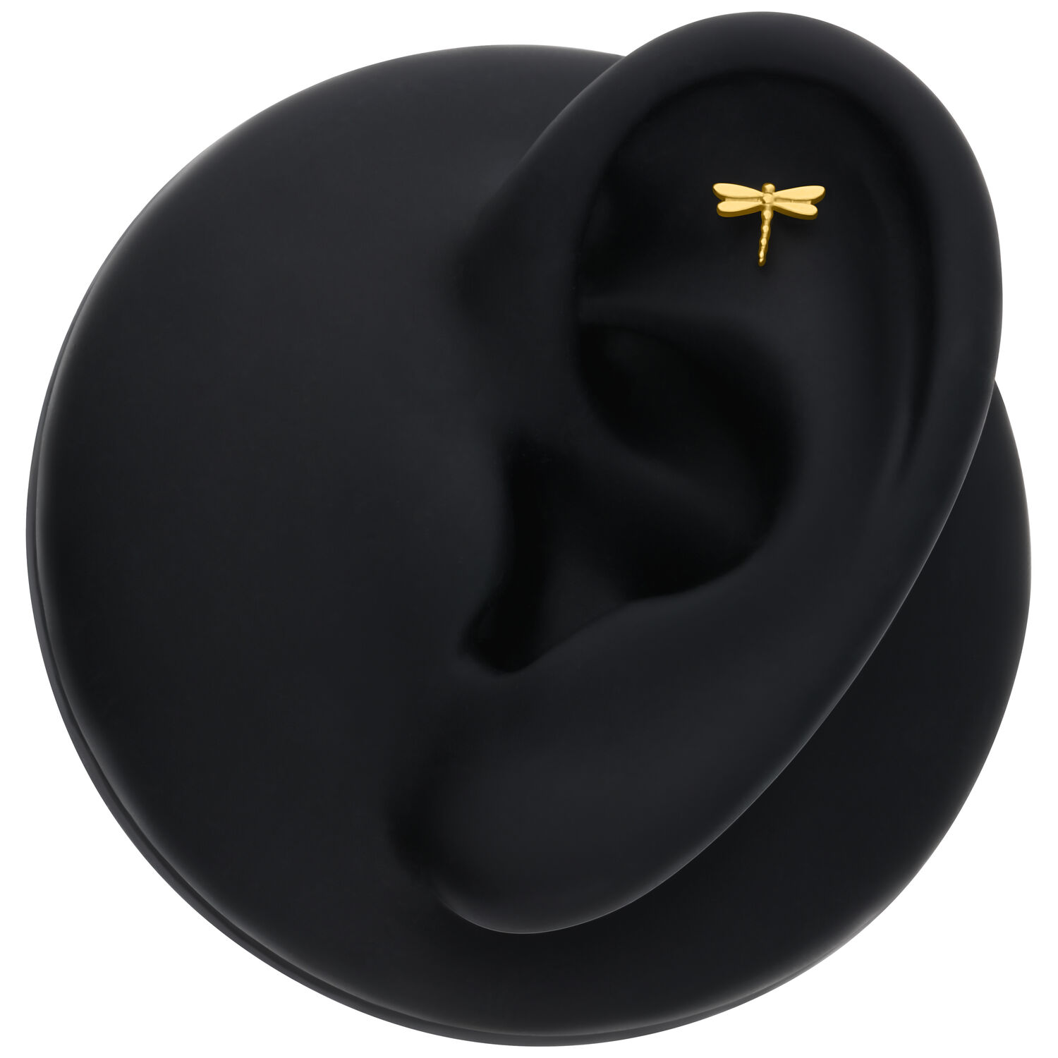 Accesorio de piercing de libélula dorada en modelo de oreja negra