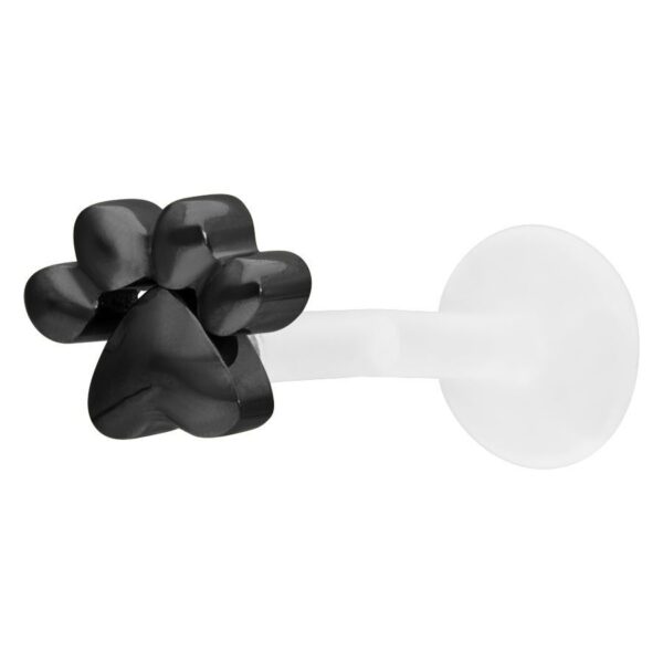 Labret negro con adorno de pata de PTFE y titanio sobre fondo blanco
