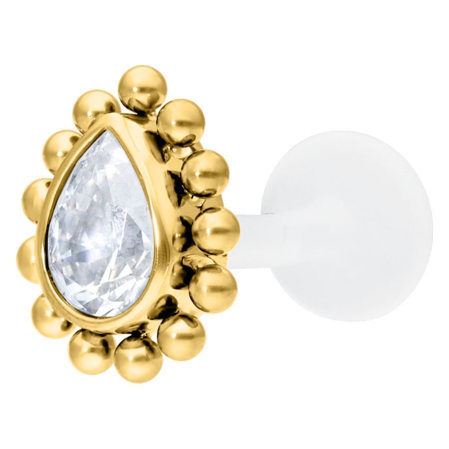 Labret de Cristal Dorado con Forma de Gota Labret dorado con cristal claro en forma de gota sobre fondo blanco