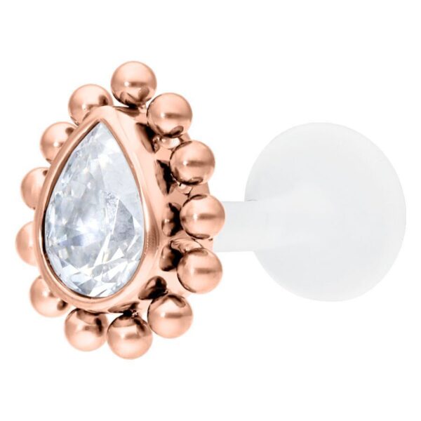 Labret de oro rosa con gota de cristal claro y barra de PTFE