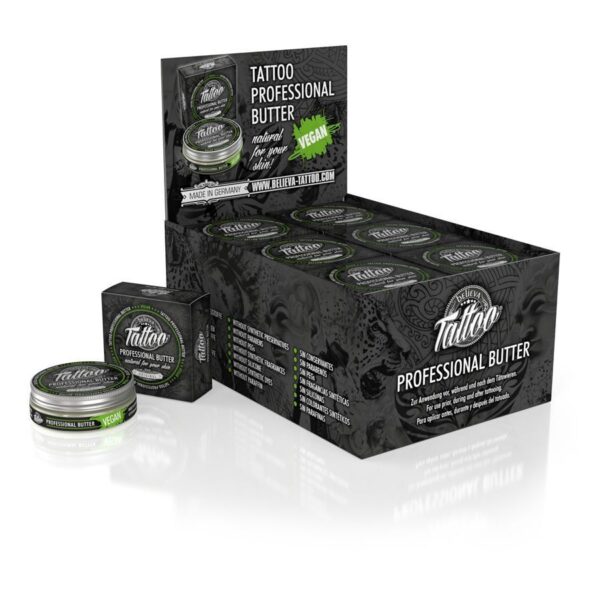 Believa Tattoo Butter en caja de 35 ml, en envase negro con detalles verdes, sobre fondo blanco