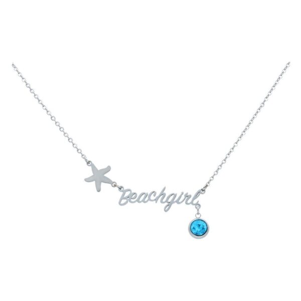 Collar plateado con colgante de estrella, inscripción 'Beachgirl' y cristal azul