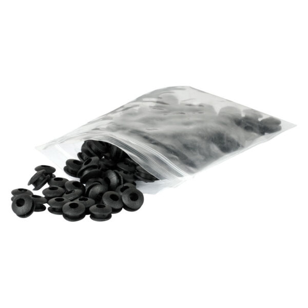 Bolsa con anillos de silicona negros sobre fondo blanco