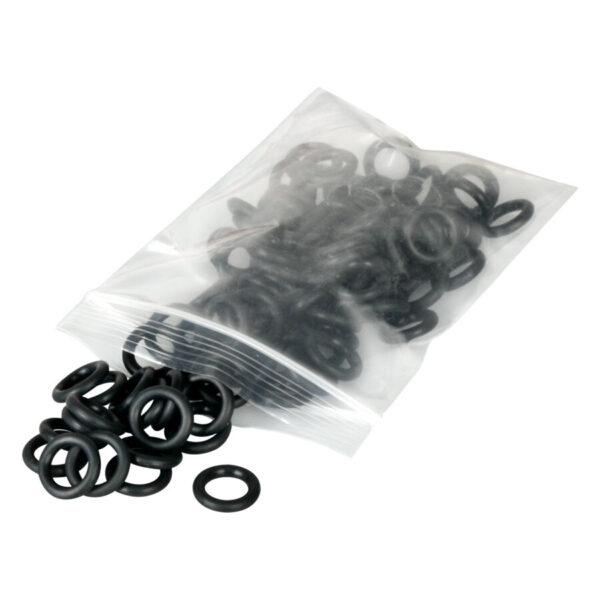 Anillos O de silicona negros en bolsa transparente sobre fondo blanco