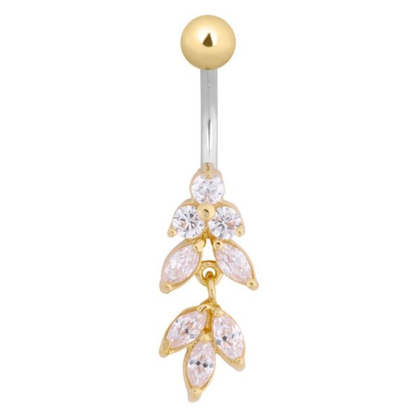 Piercing de ombligo dorado con cristales claros sobre fondo blanco