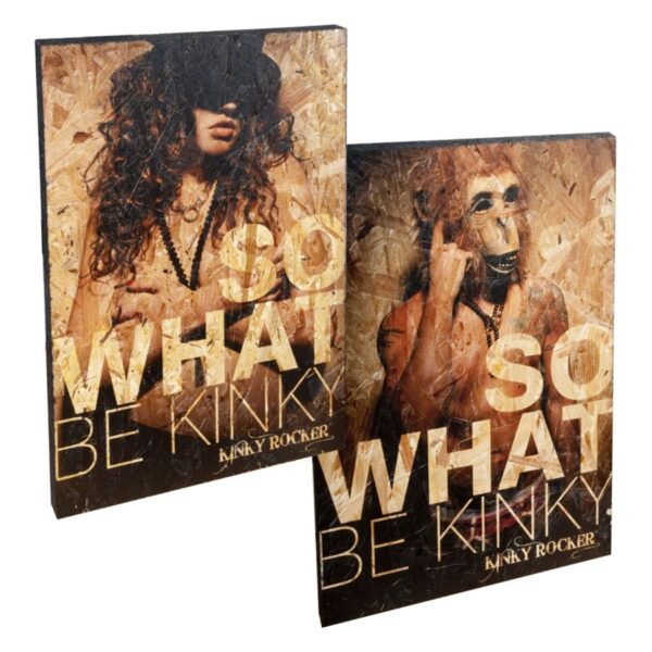Cartel de madera estilo Kinky Rocker, fondo marrón, diseño atrevido