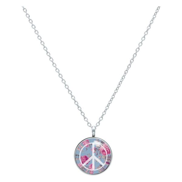 Collar plateado con colgante redondo de símbolo de paz en azul y rosa sobre fondo blanco