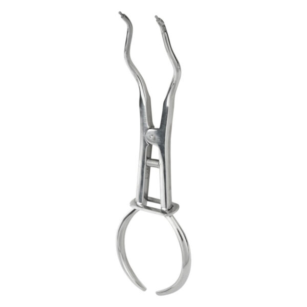 Alicate abre anillos de acero inoxidable plateado sobre fondo blanco