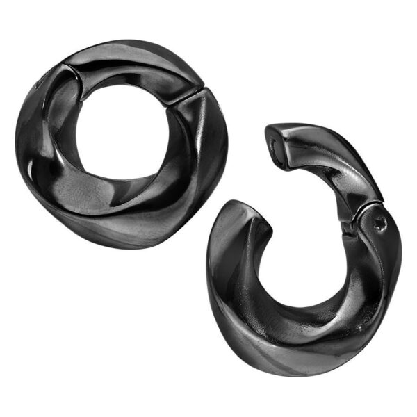 Pesas para orejas negras Twisted de acero quirúrgico sobre fondo blanco