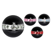 Schwarze Piercingkugel aus Chirurgenstahl mit Kristallen in verschiedenen Farben auf weißem Hintergrund